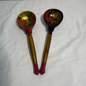Khokhloma Vintage Russian Lacquer Ware, Pair Of Wooden Spoons Folk Art
